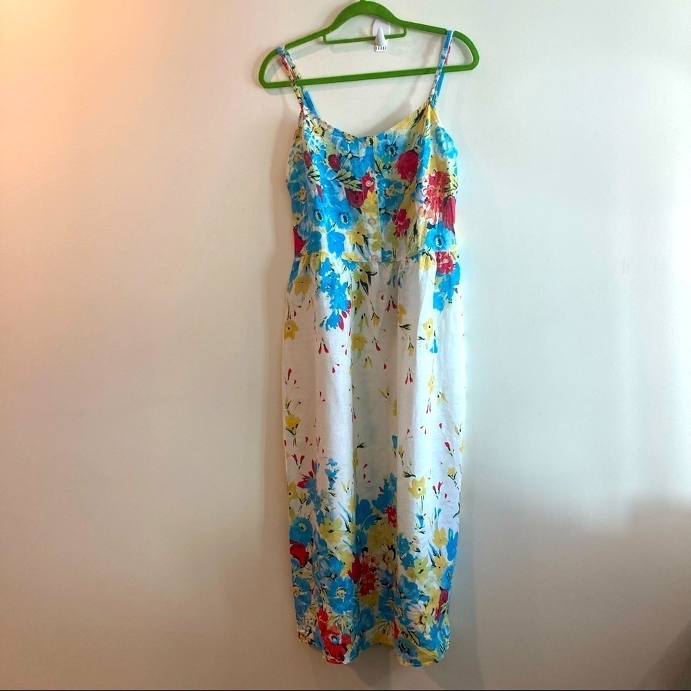 LINA TOMEI Sz L 100% Linen Floral Adjustable Straps Dress Made in Italy